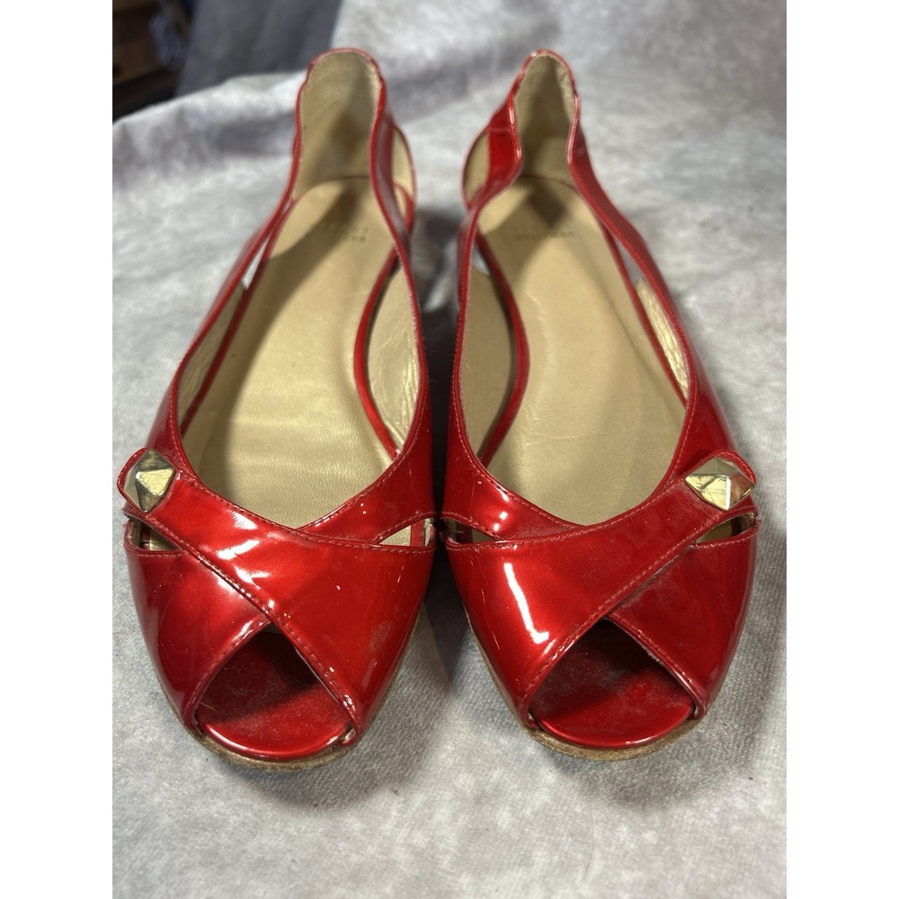 Stuart Weitzman Red Patent Leather Peep Toe D'Orsay Ballet Flats Gold Stud 9.5 M